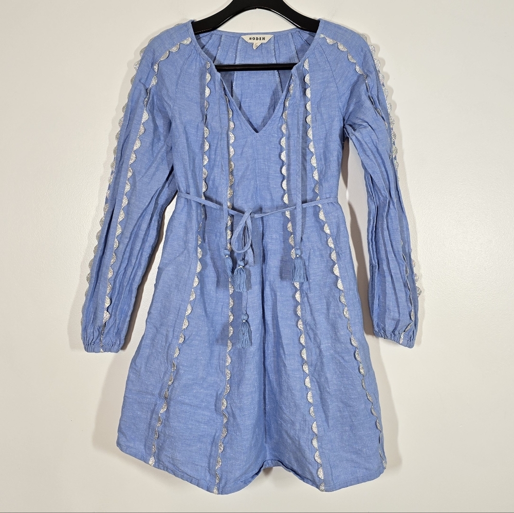 Boden Ric Rac Linen Mini Dress 2R Blue - Picture 5 of 11